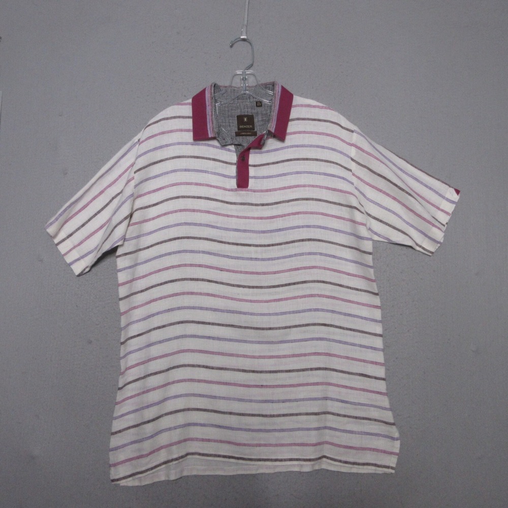 Benzer‎ Linen Polo Shirt Men XXL Stripe Lightweight Short Sleeve Beach Vacation